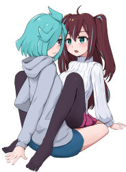 Rule 34 | 2girls, :d, ahoge, akoya matama, anemo nemo, black pantyhose, blue hair, blue shorts, blush, breasts, brown hair, commentary request, green eyes, grey hoodie, hair between eyes, hair over one eye, highres, hood, hood down, hoodie, large breasts, long hair, long sleeves, looking at another, mahou shoujo ni akogarete, multicolored hair, multiple girls, one eye covered, open mouth, pantyhose, parted lips, pink skirt, purple eyes, ribbed sweater, short hair, shorts, sidelocks, simple background, sitting, skirt, smile, streaked hair, suzunarisakuya, sweater, turtleneck, turtleneck sweater, two side up, white background, white sweater, yuri