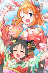 Rule 34 | 2girls, absurdres, animal ears, black hair, breasts, cat ears, charlotte e. yeager, closed eyes, day, falling petals, francesca lucchini, highres, hiroshi (hunter-of-kct), japanese clothes, kimono, large breasts, long hair, multiple girls, one eye closed, open mouth, orange hair, outdoors, petals, rabbit ears, small breasts, strike witches, twintails, world witches series