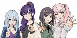 Rule 34 | 1other, 3girls, akiyama mizuki, asahina mafuyu, black ribbon, black shirt, blue eyes, blue hair, blue jacket, brown eyes, brown hair, brown ribbon, cable (cablebop), cardigan, clenched hand, closed mouth, collared shirt, commentary, english commentary, frills, green shirt, hair between eyes, hair ornament, hair ribbon, hand on own chest, hands up, heart, high ponytail, highres, jacket, long hair, long sleeves, multiple girls, one eye closed, open cardigan, open clothes, open jacket, open mouth, pink eyes, pink hair, ponytail, project sekai, puffy long sleeves, puffy sleeves, purple eyes, purple hair, purple shirt, ribbon, shinonome ena, shirt, side ponytail, sidelocks, simple background, smile, suspenders, sweater, t-shirt, tongue, tongue out, track jacket, upper body, v, v-shaped eyebrows, wavy hair, white background, white shirt, white sweater, yoisaki kanade