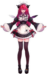 1girl absurdres arrow_(symbol) asymmetrical_wings black_garter_straps black_gloves black_shoes black_thighhighs breasts clothing_cutout commentary corset crystal_wings design_speculation english_commentary expressionless eyepatch frilled_sleeves frills full_body garter_straps getto gloves hair_between_eyes halo highres hololive hololive_english horns irys_(hololive) irys_(maid)_(hololive) juliet_sleeves long_hair long_sleeves looking_at_viewer maid_headdress medium_breasts one_eye_covered pink_eyes platform_shoes pointy_ears puffy_sleeves red_hair shoes simple_background solo standing star_halo thighhighs virtual_youtuber white_background wide_sleeves wings zettai_ryouiki