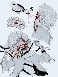 Rule 34 | 1boy, 1girl, bandaged arm, bandages, bleeding, blood, flat chest, gauze, gauze over eye, highres, neck grab, original, pliers, red hod, short hair, solo focus, tooth, tooth pulling
