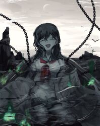1girl :d absurdres alternate_hair_length alternate_hairstyle black_hair closed_eyes collared_shirt fangs fog highres hitodama long_hair midriff mitsusame moon murasa_minamitsu neckerchief no_headwear ocean open_mouth overcast pale_skin partially_submerged red_neckerchief rock shirt shorts sky smile solo touhou water wet wet_clothes wet_hair white_shirt white_shorts