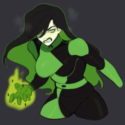 1girl absurdres angry black_hair bodysuit breasts colored_inner_hair colored_skin curvy fingernails fire flaming_hand glaring gloves green_bodysuit green_eyes green_fire green_skin highres large_breasts long_hair looking_at_viewer multicolored_bodysuit multicolored_hair porqueloin scowl shego simple_background solo teeth thick_thighs thighs