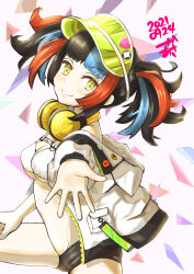 1girl absurdres bikini black_hair black_shorts blue_hair breasts closed_mouth dated fate/grand_order fate_(series) green_hat hat headphones heart_ornament highres jacket long_sleeves looking_at_viewer medium_breasts multicolored_hair offering_hand open_clothes open_jacket red_hair sei_shounagon_(fate) sei_shounagon_(swimsuit_berserker)_(fate) sei_shounagon_(swimsuit_berserker)_(first_ascension)_(fate) short_shorts shorts smile solo swimsuit tsukaasa twintails white_bikini white_jacket yellow_eyes