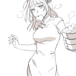 1girl bamboo_steamer china_dress chinese_clothes commentary_request double_bun dress food hair_bun medium_hair mouth_hold original shibakou side_slit sketch solo steam steamed_bun
