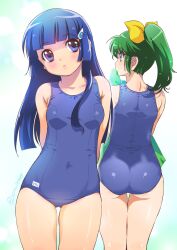 Rule 34 | 2girls, aoki reika, arms behind back, ass, blue eyes, blue hair, breasts, character name, commentary request, dated, green eyes, green hair, hair ornament, hair ribbon, hairclip, highres, hime cut, inoue sora, long hair, midorikawa nao, multiple girls, one-piece swimsuit, ponytail, precure, ribbon, school swimsuit, signature, small breasts, smile precure!, swimsuit, tan, towel, wet, white background