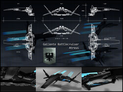 3d reference_sheet commentary concept_art cruiser_(eve_online) emblem eve_online gallente_federation_(eve_online) glint glowing highres military_vehicle multiple_views nivistigris no_humans original science_fiction spacecraft thrusters vehicle_focus