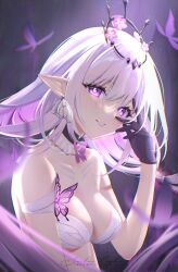 1girl bare_shoulders black_tiara breasts bug butterfly butterfly_earrings castorice_(honkai:_star_rail) commentary earrings flower gloves hair_flower hair_ornament highres honkai:_star_rail honkai_(series) insect jewelry large_breasts long_hair looking_at_viewer parted_lips pink_flower pointy_ears purple_butterfly purple_eyes purple_gloves purple_hair sailorleyla sidelocks signature smile solo tiara upper_body very_long_hair