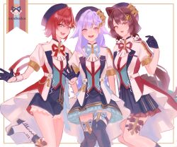 3girls :d absurdres ange_katrina animal_ears animal_hair_ornament ankle_boots beret blue_eyes blue_gloves blue_hat blue_ribbon blue_shorts blue_skirt blue_socks blue_thighhighs boots braid breasts brown_hair colored_lapels commentary_request crown_hat_ornament dog_ears dog_girl dog_tail fang flower foot_up gloves group_name group_picture hair_between_eyes hair_flower hair_intakes hair_ornament half_gloves hand_up hat heterochromia highres inset_border inui_toko jacket leg_ribbon legwear_garter light_blush lize_helesta long_hair long_sidelocks looking_at_viewer miniskirt multicolored_hair multiple_girls neck_ribbon nijisanji open_mouth outside_border pleated_skirt purple_eyes purple_hair red_eyes red_hair red_ribbon ribbon sanbaka_(nijisanji) sanbaka_anniversary_outfit short_hair short_sleeves shorts sidelocks simple_background single_ear_down single_hair_intake single_sidelock single_wrist_cuff skin_fang skirt small_breasts smile socks streaked_hair tail teeth thighhighs two-tone_hair upper_teeth_only usasuzu very_long_hair virtual_youtuber waving white_background white_boots white_hair white_jacket white_wrist_cuffs wrist_cuffs wrist_ribbon yellow_eyes zettai_ryouiki