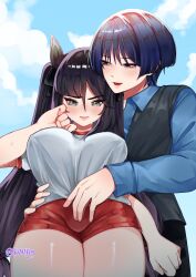 1boy 1girl absurdres alternate_costume aqua_eyes arm_at_side black_bow black_eyes black_hair black_vest blue_shirt blue_sky blue_sleeves blue_undershirt blunt_ends blush bow breasts bulge buruma clenched_hands closed_mouth cloud cloudy_sky collared_shirt contemporary covered_erect_nipples eyelashes fat_mons genshin_impact gym_uniform hair_bow hand_up hetero highres koviiy large_breasts long_hair long_sleeves looking_at_another looking_down mona_(genshin_impact) open_mouth outdoors pink_lips red_buruma scaramouche_(genshin_impact) school_uniform shirt sky squinting sweat tsurime twitter_username vest white_shirt