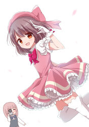 Rule 34 | 2girls, :d, bow, brown hair, camera, cardcaptor sakura, cowboy shot, dress, flat chest, frilled skirt, frills, gloves, hat, kawasugi sakura, kinomoto sakura, kinomoto sakura (magician), looking at viewer, magical girl, multiple girls, neck ribbon, nobutake (nobu0), open mouth, pink dress, pink hair, pink hat, puffy short sleeves, puffy sleeves, red bow, ribbon, saki (manga), shinohayu the dawn of age, shiratsuki shino, short sleeves, skirt, smile, thighhighs, white background, white gloves