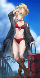 1girl arm_up bikini blonde_hair blue_sky blush boots braid breasts collarbone fate/apocrypha fate_(series) green_eyes hair_ornament hair_scrunchie half_up_braid highres long_hair long_sleeves looking_to_the_side mordred_(fate) mordred_(fate/apocrypha) navel parted_bangs ponytail red_bikini scrunchie sidelocks sky small_breasts solo suitcase swimsuit tonee variant_set