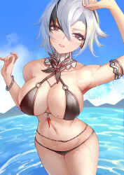 Rule 34 | 1girl, absurdres, arlecchino (genshin impact), armlet, belly chain, bikini, black bikini, black eyes, black hair, blue sky, bracelet, breasts, chinese commentary, commentary request, cowboy shot, criss-cross halter, day, genshin impact, hair between eyes, halterneck, hands up, highres, jewelry, large breasts, looking at viewer, mole, mole on breast, multicolored hair, navel, o-ring, o-ring bikini, ocean, outdoors, parted lips, pink nails, red pupils, short hair, sky, solo, stomach, streaked hair, swimsuit, symbol-shaped pupils, teeth, wet, white hair, x-shaped pupils, xue yue (zero)