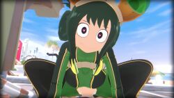 1boy 1girl 3d animated asui_tsuyu blue_sky boku_no_hero_academia clothed_sex cowgirl_position girl_on_top green_hair heart heart-shaped_pupils hetero highres looking_at_viewer mephisto_jones moaning nsfw_sonia_va opennsfwsp outdoors pov rouge_nine sex sky sound spread_legs straddling symbol-shaped_pupils tagme torn_clothes vaginal video