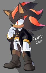 1boy 2021 alternate_costume black_coat coat full_body furry furry_male gloves grey_background male_focus quark196 red_eyes shadow_the_hedgehog signature sonic_(series) white_gloves