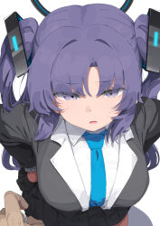 1boy 1girl :o absurdres black_skirt blazer blue_archive blue_necktie breasts commentary_request csham dress_shirt halo highres jacket large_breasts long_hair looking_at_viewer necktie pleated_skirt pov pov_hands purple_hair shirt simple_background skirt sweatdrop two_side_up white_background white_shirt yuuka_(blue_archive)