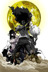 1boy absurdres afro afro_samurai afro_samurai_(character) boots breasts cigarette cleavage headband highres huge_filesize japanese_clothes jewelry jinnosuke katana kimono male_focus miniskirt moon motor_vehicle motorcycle necklace ninja_ninja official_art open_clothes open_shirt sheath sheathed shirt sio_(afro_samurai) sio_(character) skirt smoke smoking solo sunglasses sword takashi_okazaki thigh_boots thighhighs unsheathing vehicle weapon