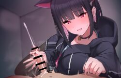 1boy 1girl animal_ears bar_censor black_choker black_hair black_hoodie black_pantyhose blue_archive blush breast_press breasts cat_choker cat_ears censored choker collarbone colored_inner_animal_ears colored_inner_hair cuddling_handjob cum ejaculation erection extra_ears handjob hetero highres hood hoodie kazusa_(blue_archive) large_breasts long_sleeves looking_at_viewer multicolored_hair neckerchief nipple_stimulation pantyhose penis pink_hair pink_neckerchief pov purple_eyes short_hair two-tone_hair wanwangiogio