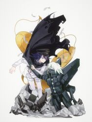 2boys admisea ahoge android armor black_cape buttons cape commentary_request danganronpa_(series) danganronpa_v3:_killing_harmony flipped_hair gloves hair_between_eyes hat highres holding k1-b0 long_sleeves male_focus mask medium_hair mouth_mask multiple_boys oma_kokichi pants peaked_cap power_armor purple_eyes purple_hair short_hair simple_background smile thigh_strap white_hair wind wind_lift