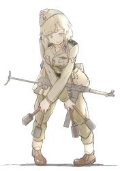 1girl bent_over blonde_hair blue_eyes breasts breasts_squeezed_together buttons camouflage collarbone commentary explosive female_focus grenade gun hand_grenade hat insignia large_breasts looking_at_viewer military military_hat military_uniform mp40 nazi original pants pigeon-toed reichsadler simple_background smirk solo ss_insignia stick_grenade stielhandgranate submachine_gun take_(trude1945oneetyan) totenkopf weapon white_background