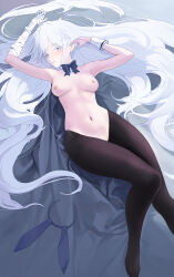 1girl absurdres animal_ear_hairband animal_ears bandaged_arm bandages blue_archive blue_bow blue_bowtie bow bowtie breasts breasts_apart detached_collar fake_animal_ears grey_eyes hair_ornament hair_spread_out hairband highres hiphighs long_hair looking_at_viewer lying medium_breasts meme_attire nagusa_(blue_archive) navel nipples on_back parted_lips rabbit_ear_hairband rabbit_ears reverse_bunnysuit reverse_outfit snowflake_hair_ornament solo topless_female unworn_hairband very_long_hair white_hair wrist_cuffs yangsongihand