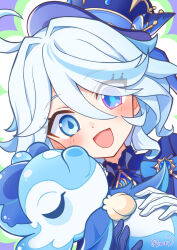 1girl ahoge ascot asymmetrical_gloves black_gloves blue_ascot blue_brooch blue_eyes blue_gemstone blue_hair blue_hat blue_jacket drop-shaped_pupils fish furina_(genshin_impact) gem genshin_impact gloves hair_between_eyes hat heterochromia highres jacket light_blue_hair long_hair maruyama_en mismatched_gloves mismatched_pupils multicolored_hair open_mouth ouji_fashion seahorse smile streaked_hair surintendante_chevalmarin symbol-shaped_pupils top_hat white_gloves