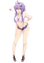 &gt;:p 1girl :p ahoge belt belt_buckle bra bra_peek bracelet breasts buckle cleavage commentary_request contrapposto crop_top denim denim_shorts female_focus full_body hair_between_eyes hair_ornament hand_on_own_hip hand_on_own_thigh heart high_heels highres jewelry leaning_forward long_hair looking_at_viewer medium_breasts midriff navel necklace nib_pen_(medium) no_socks o-ring o-ring_bottom panties pen_(medium) purple_bra purple_eyes purple_hair purple_panties sandals see-through_clothes shirt short_hair_with_long_locks short_shorts shorts sidelocks simple_background sleeves_rolled_up smile solo standing stomach tied_shirt tongue tongue_out traditional_media underwear v-shaped_eyebrows vocaloid voiceroid white_background wing_collar yuzuki_yukari zooanime
