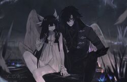 1boy 1girl angel_wings artist_name black_coat black_hair blurry blurry_background bow capitano_(genshin_impact) clenched_teeth coat columbina_(genshin_impact) dim_lighting dress feathered_wings furrowed_brow genshin_impact hair_between_eyes hand_on_own_knee hand_up head_wings highres knee_up leaning_forward long_hair multiple_wings short_dress signature sitting sleeveless sleeveless_dress smile talking teeth transparent_flower very_long_hair white_bow white_dress white_mask white_wings wings yumicowyvern