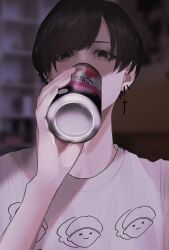 Rule 34 | 1boy, absurdres, black eyes, black hair, blurry, blurry background, can, commentary request, covered mouth, cross, cross earrings, drinking, earrings, hand up, highres, holding, holding can, indoors, jewelry, latin cross, looking at viewer, male focus, mano aaa, original, print shirt, shirt, short hair, solo, swept bangs, t-shirt, upper body, white shirt