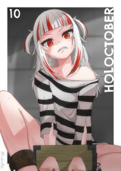 angry ankle_cuffs barefoot blunt_bangs chain clenched_teeth collarbone cover dark_persona dual_persona english_text fake_magazine_cover gawr_gura hal_(residenthalu) head_tilt highres hololive hololive_english holomyth knee_up looking_at_viewer magazine_cover multicolored_hair off_shoulder prison_clothes prisoner reflect_(gawr_gura) sharp_teeth shirt sitting stocks streaked_hair teeth torn_clothes two_side_up virtual_youtuber