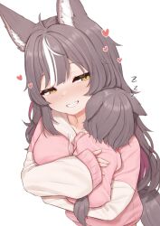 1girl 1other absurdres animal_ear_fluff animal_ears baby blush breasts carrying carrying_baby carrying_person chisaka_airi colored_inner_hair grin highres large_breasts mother_and_child multicolored_hair onesie phase_connect sleepypudding sleeves_past_wrists smile streaked_hair tail virtual_youtuber wolf_ears wolf_girl wolf_tail yellow_eyes