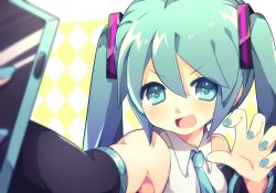 Rule 34 | 1girl, aqua eyes, aqua hair, aqua nails, aqua necktie, argyle background, argyle clothes, bare shoulders, black sleeves, blurry, blurry foreground, claw pose, commentary, detached sleeves, female focus, foreshortening, hair ornament, hands up, hatsune miku, holding, holding phone, long hair, looking at viewer, nail polish, necktie, open mouth, outstretched arm, phone, ryuuga sazanami, selfie, shirt, sleeveless, sleeveless shirt, smile, solo, twintails, upper body, v-shaped eyebrows, vocaloid, white shirt