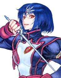 Rule 34 | 1girl, blue hair, breasts, brown eyes, character request, circlet, headpiece, highres, holding, holding sword, holding weapon, lips, looking at viewer, military uniform, official art, seikai no monshou, seikai no senki, short hair, simple background, solo, sword, weapon, white background, yonemura kouichirou