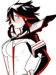 1girl black_hair blush breasts full-face_blush hair_between_eyes kill_la_kill large_breasts looking_at_viewer looking_to_the_side matoi_ryuuko navel parted_lips red_streaks short_hair simple_background stomach sweatdrop tsukudani_(coke-buta) underboob upper_body white_background