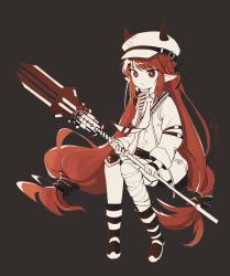 1girl anyou990 arknights bandaged_leg bandages brown_background chinese_commentary commentary_request demon_horns diamond-shaped_pupils diamond_(shape) fingernails flat_cap full_body hair_ribbon hat highres holding holding_polearm holding_weapon horns horns_through_headwear jacket jewelry limited_palette long_hair long_sleeves looking_at_viewer low-tied_long_hair necktie open_clothes open_jacket parted_lips pointy_ears polearm red_eyes red_hair ribbon ring shirt simple_background solo striped_clothes striped_footwear symbol-shaped_pupils very_long_hair vigna_(arknights) weapon