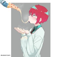 Rule 34 | 1girl, amate yuzuriha, artist name, blush, cheese, cheese trail, commentary, commentary request, english commentary, food, gquuuuuux, green eyes, green shirt, gundam, gundam gquuuuuux, highres, jitome, kaenby0u69, long sleeves, looking up, mixed-language commentary, necktie, pizza, pizza slice, red hair, sexually suggestive, shirt, short hair, sidelocks, sweat, sweater, twitter username