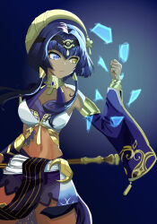 1girl absurdres ancient_egyptian ancient_egyptian_clothes ankh blue_eyes blue_hair candace_(genshin_impact) eye_of_horus genshin_impact gold_choker heterochromia highres jewelry neck_ring short_hair_with_long_locks staff_of_the_scarlet_sands_(genshin_impact) warabi_mochi_(w4rabimochi) yellow_eyes