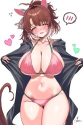 1girl absurdres alternate_costume animal_ears bikini blue_eyes breasts brown_eyes brown_hair cleavage collarbone dantsu_flame_(umamusume) hair_between_eyes hair_ornament highres horse_ears horse_girl jacket large_breasts looking_at_viewer solo sweat swimsuit takatu_nanto umamusume white_background