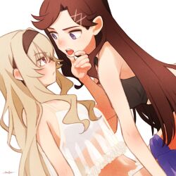 Rule 34 | 2girls, arm at side, artist name, bare arms, bare shoulders, black bra, blonde hair, blush, bra, brown eyes, brown hair, brown hairband, camisole, closed mouth, clothes pull, commentary request, curtained hair, eye contact, face-to-face, flipped hair, frilled camisole, frills, from side, hairband, hand on another&#039;s chin, hand up, komuzuka, light blush, long hair, looking at another, multiple girls, navel, nose blush, open mouth, panties, profile, purple eyes, purple shorts, saijou claudine, see-through camisole, see-through clothes, shorts, shorts pull, shoujo kageki revue starlight, signature, simple background, stomach, straight hair, teeth, tendou maya, tongue, tongue out, underwear, upper teeth only, v-shaped eyebrows, wavy sidelocks, white background, white bra, white camisole, white panties, yuri