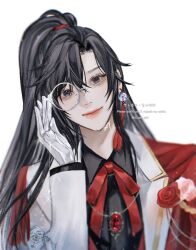 Rule 34 | 1boy, adjusting eyewear, alternate costume, alternate universe, artist name, bishounen, black eyes, black hair, black shirt, blazer, cape, closed mouth, collared shirt, contemporary, earrings, eyelashes, eyewear strap, flower, formal clothes, gloves, hand up, highres, jacket, jewelry, long hair, long sleeves, looking at viewer, male focus, modao zushi, monocle, neck ribbon, ojisan rbt, pink flower, pink rose, ponytail, red cape, red flower, red ribbon, red rose, ribbon, rose, round eyewear, shirt, side cape, simple background, single earring, smile, solo, sparkle, suit, tassel, tassel earrings, twitter username, upper body, watermark, wei wuxian, white background, white gloves, white suit
