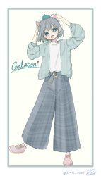 1girl animal_ears animification beret bob_cut cat_ears duffy_and_friends fashion furry furry_male gelatoni genderswap genderswap_(mtf) gloves green_eyes green_hair hat highres looking_at_viewer multicolored_hair pants shirt smile standing yuu_(irast0209)