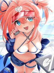 1girl :d aqua_eyes azur_lane bandaid bandaid_on_face blue_eyes blue_jacket blue_sky blush breasts can can_to_cheek cleavage cloud commentary_request criss-cross_halter denim denim_shorts double_bun gallant_(azur_lane) gallant_(express-ive_delivery)_(azur_lane) hair_between_eyes hair_bun halterneck highres holding holding_can insulated_delivery_bag jacket large_breasts looking_at_viewer misopiero navel official_alternate_costume open_clothes open_mouth open_shorts outdoors panties pink_hair pizza_box red_panties short_shorts shorts sky smile solo stomach sweat tank_top torn_clothes torn_shorts underwear visor_cap water white_tank_top