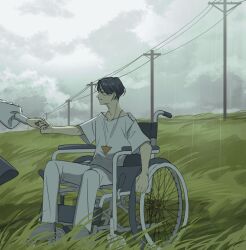 1boy 1girl absurdres closed_mouth cloud cloudy_sky commentary_request day field fukurai_azami full_body grass grey_sky hair_between_eyes highres holding_hands meguriya_ayumu out_of_frame outdoors power_lines shirt short_hair sitting sky solo_focus standing toshi_densetsu_kaitai_center triangle_necklace utility_pole wheelchair white_shirt yoshi_(ys033718)