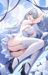 1girl absurdres aibanesuu_(vtuber) ass balloon bare_shoulders black_panties blush breasts cleavage crossed_bangs dress flower full_body garter_straps hair_between_eyes high_heels highres holika_baby indie_virtual_youtuber large_breasts long_hair looking_at_viewer lying no_bra on_side open_mouth panties patent_heels pointy_ears pumps rose shoes sidelocks smile solo sparkle stiletto_heels thighhighs thighs underwear very_long_hair virtual_youtuber white_dress white_flower white_hair white_rose white_thighhighs wings