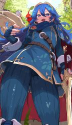 1girl absurdres belt belt_buckle blue_cape blue_eyes blue_gloves blue_hair blue_pikmin blush brand_of_the_exalt brown_belt buckle bulborb cameltoe cape character_name creature creature_on_shoulder crossover english_text engrish_text falchion_(fire_emblem) fingerless_gloves fire_emblem fire_emblem_awakening from_below gloves highres holding ishijimajirou leather_belt long_hair looking_at_viewer lucina_(fire_emblem) nintendo on_shoulder open_mouth pikmin_(creature) pikmin_(series) purple_pikmin ranguage red_cape red_pikmin ribbed_pants ribbed_sleeves smile super_smash_bros. sweat sweatdrop sword thighs tiara tree two-tone_cape weapon wrist_cuffs yellow_pikmin