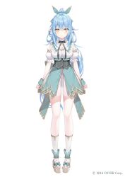 1girl absurdres ahoge back_bow blue_hair bow breasts cleavage clothing_cutout commentary_request copyright_notice corset detached_collar detached_sleeves dress expressionless full_body gold_trim green_corset green_nails green_skirt hair_ribbon heart heart_ahoge high_ponytail highres hololive lace lace-trimmed_collar lace-trimmed_dress lace_trim large_bow large_breasts long_hair multicolored_hair neck_ribbon official_alternate_costume official_alternate_hairstyle official_art overskirt platform_sandals pointy_ears ponytail puffy_short_sleeves puffy_sleeves ribbon rin_yuu sandals see-through_clothes see-through_dress short_sleeves sidelocks simple_background skirt sleeveless sleeveless_dress socks solo straight-on streaked_hair toes underbust very_long_hair virtual_youtuber white_background white_dress white_socks wrist_cuffs yellow_eyes yukihana_lamy yukihana_lamy_(5th_costume)