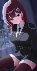 1girl absurdres belt black_jacket black_necktie black_skirt blazer blurry blurry_background bow breasts brown_thighhighs closed_mouth collared_shirt hair_bow hair_ornament hairclip highres jacket jururu long_hair long_sleeves looking_at_viewer medium_breasts miniskirt multicolored_hair necktie purple_eyes purple_hair sei_(0724sei6) shirt sitting skirt smile solo streaked_hair thighhighs undershirt virtual_youtuber waktaverse white_shirt zettai_ryouiki