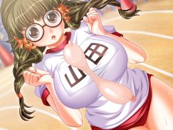 1girl ayatsuri_burumaa balloon between_breasts braid breasts breasts_squeezed_together brown_eyes brown_hair buruma condom condom_balloon female_focus glasses gym_uniform highres large_breasts name_tag simulated_paizuri solo twin_braids twintails yamada_chizuru yoshii_dan