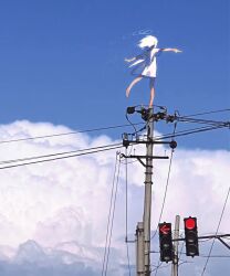 1girl angel balancing barefoot blue_sky cloud dress full_body halo hidari_(nanmu-left) highres original outstretched_arms photo_background short_hair sky solo spread_arms standing standing_on_one_leg utility_pole white_dress white_hair wings