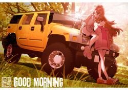 2girls artist_logo brown_hair car commentary_request dress english_text eyelashes forest good_morning green_eyes happy hijiri_ageha hirogaru_sky!_precure hood hoodie hummer hummer_h2 jacket kamikita_futago logo long_hair looking_at_another motor_vehicle multiple_girls nature nijigaoka_mashiro on_car pink_eyes pink_hair pink_hoodie pink_jacket precure shoes sitting smile sports_utility_vehicle standing tree